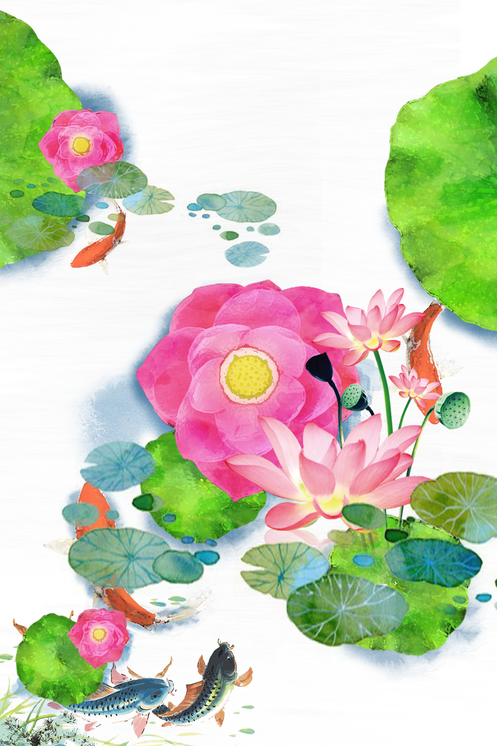 Koi Fish And Lotus Flower - Chinese Flowers Water Paintings Clipart (1000x1500), Png Download