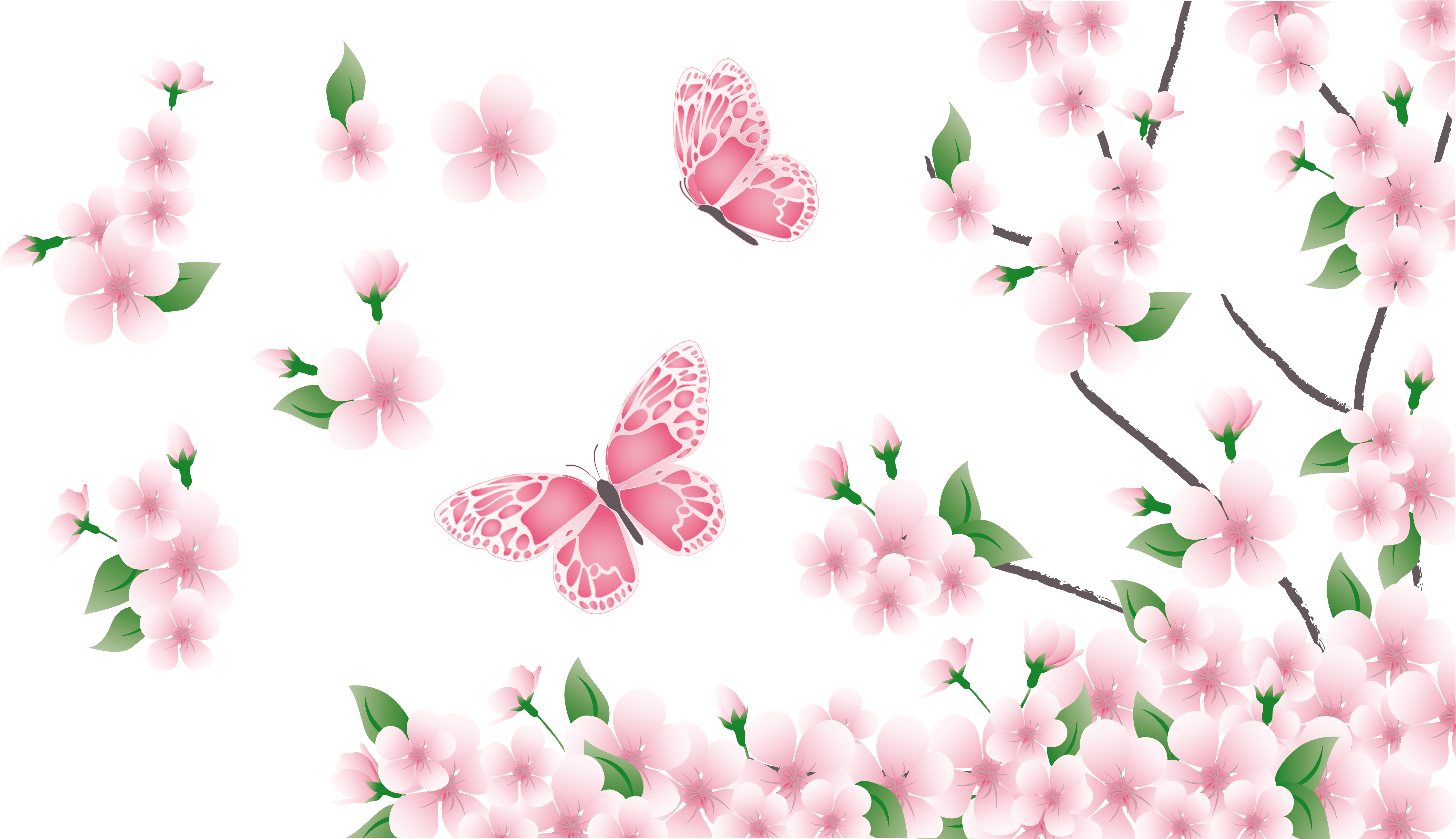 Pink Flowers And Butterflies Clipart (5747x3273), Png Download