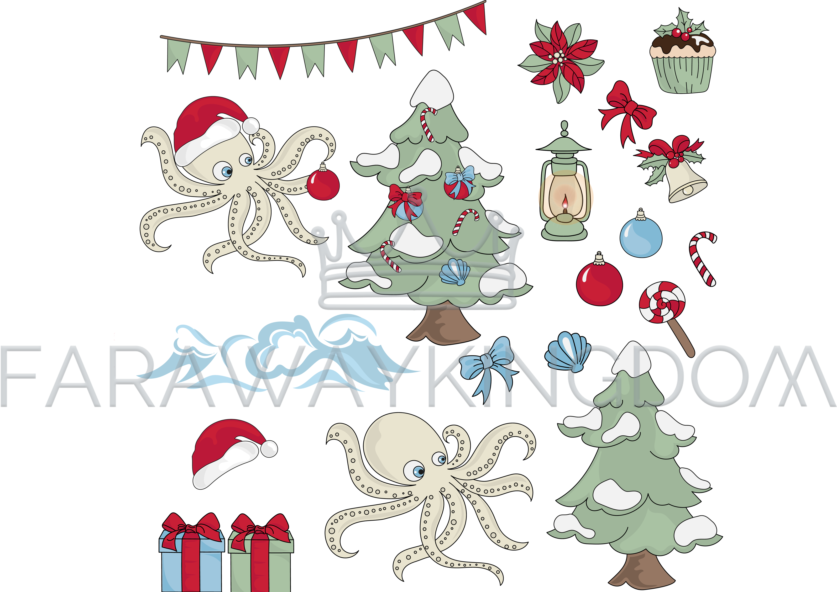 Christmas Octopus Underwater Cartoon Vector Illustration - Illustration Clipart (3508x2480), Png Download