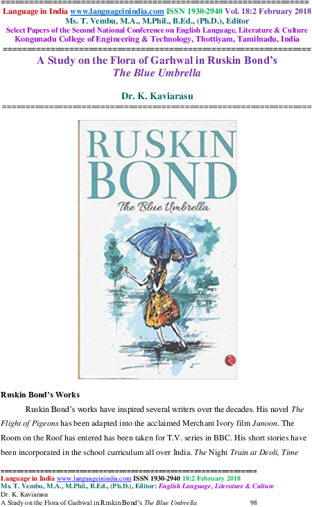 Pdf - Blue Umbrella By Ruskin Bond Clipart (595x842), Png Download