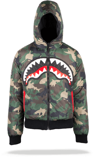 Shark Mouth Camo Reversible Jacket - Sprayground Kids Shark Camo Shark Mouth Down Coat Kids Clipart (500x638), Png Download