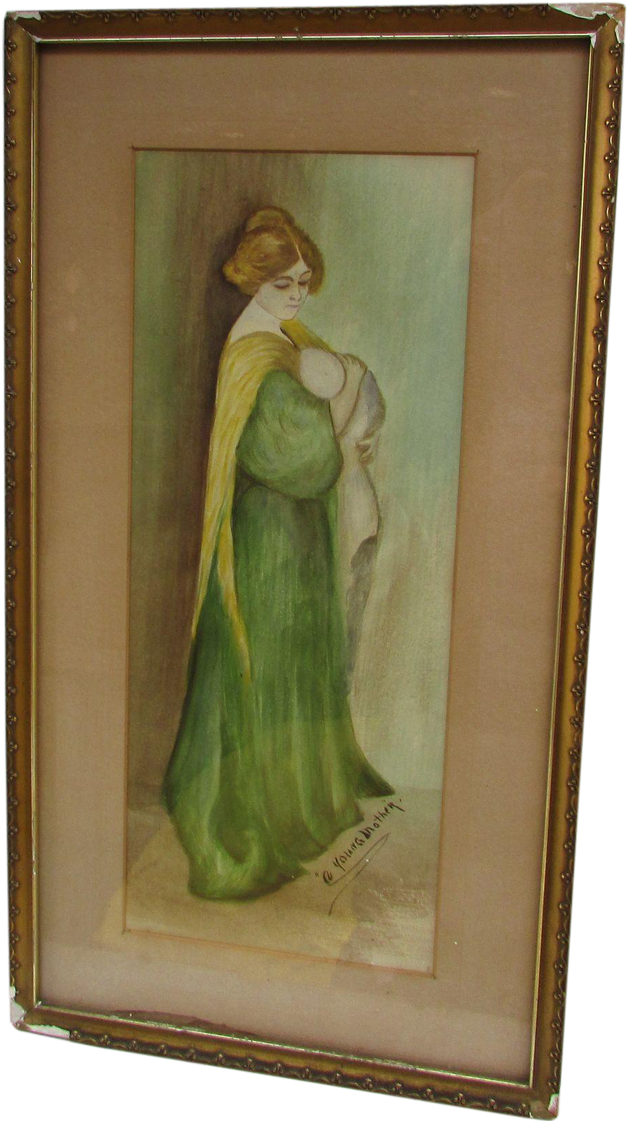 Vintage Watercolor Painting Titled 'young Mother' Framed - Picture Frame Clipart (1621x1621), Png Download