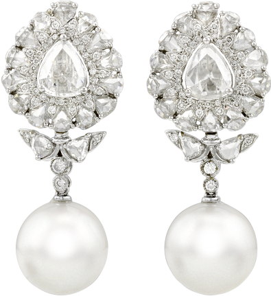 Rose Cut Diamond And Pearl Drop Earrings ~ - Earrings Clipart (500x625), Png Download