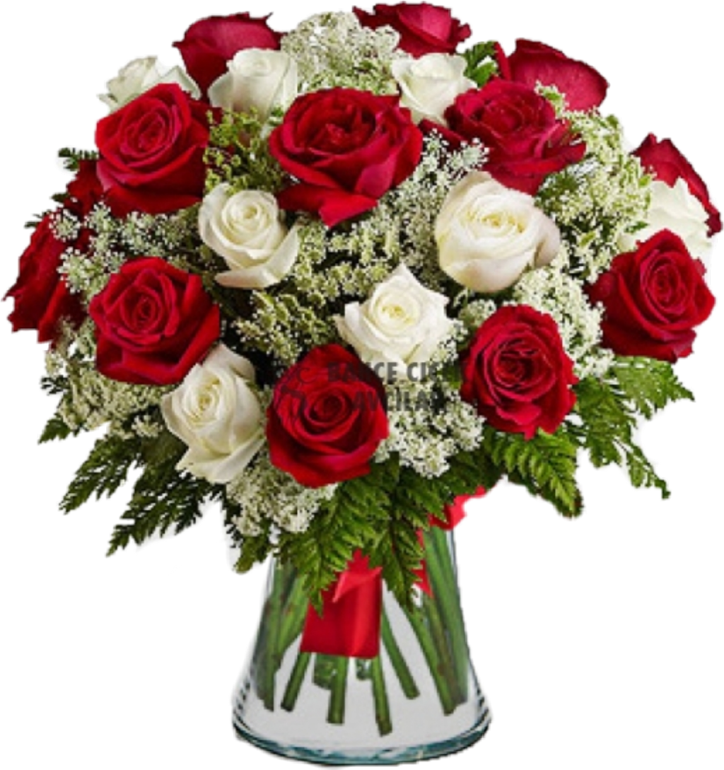 #jarrón De Rosas Rojas Y Blancas - White And Red Roses Arrangement Clipart (1024x1089), Png Download