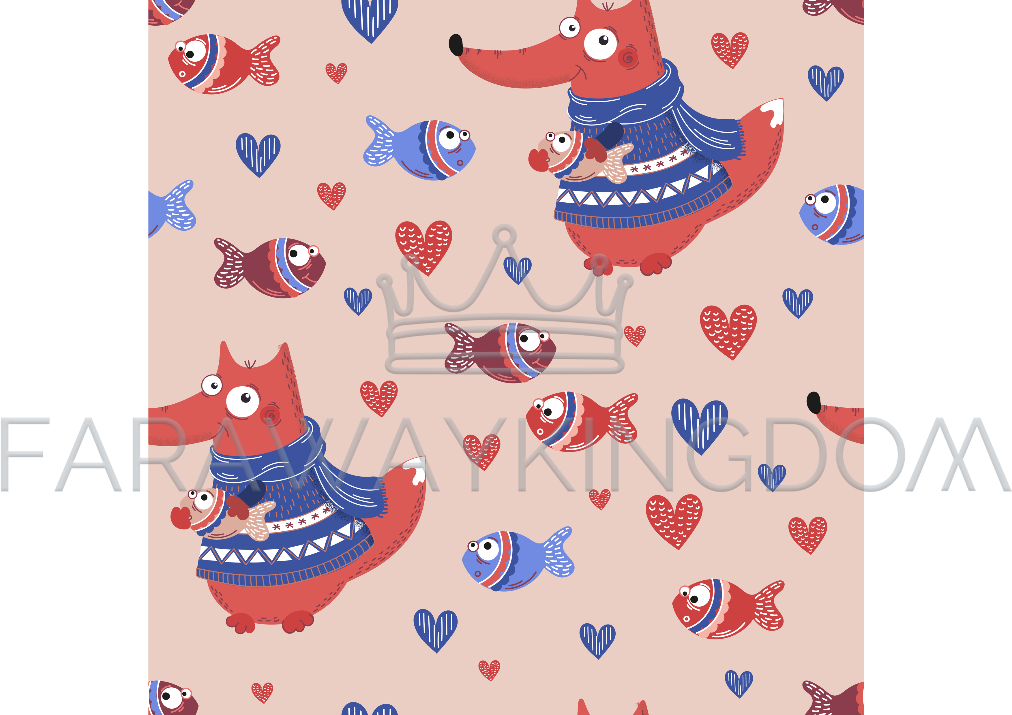 Fish Fox Valentine's Day Seamless Pattern - Cartoon Clipart (3508x2480), Png Download