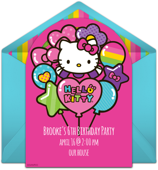 Hello Kitty Balloons Online Invitation - Hello Kitty Invitation Free Clipart (650x650), Png Download