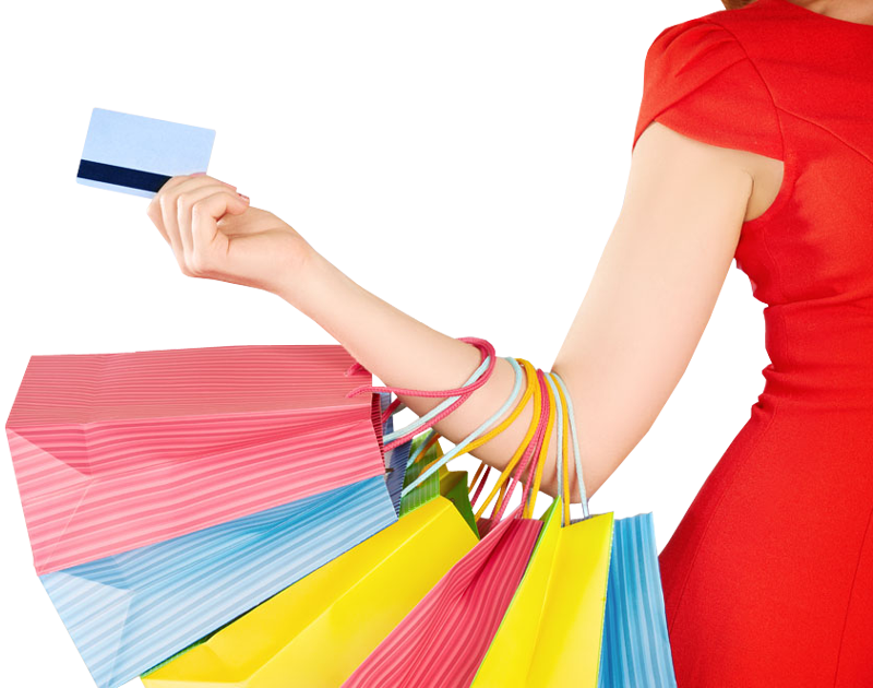 Woman Holding Credit Card With Shopping Bag - Shopping Bag Hand Png Clipart (800x630), Png Download