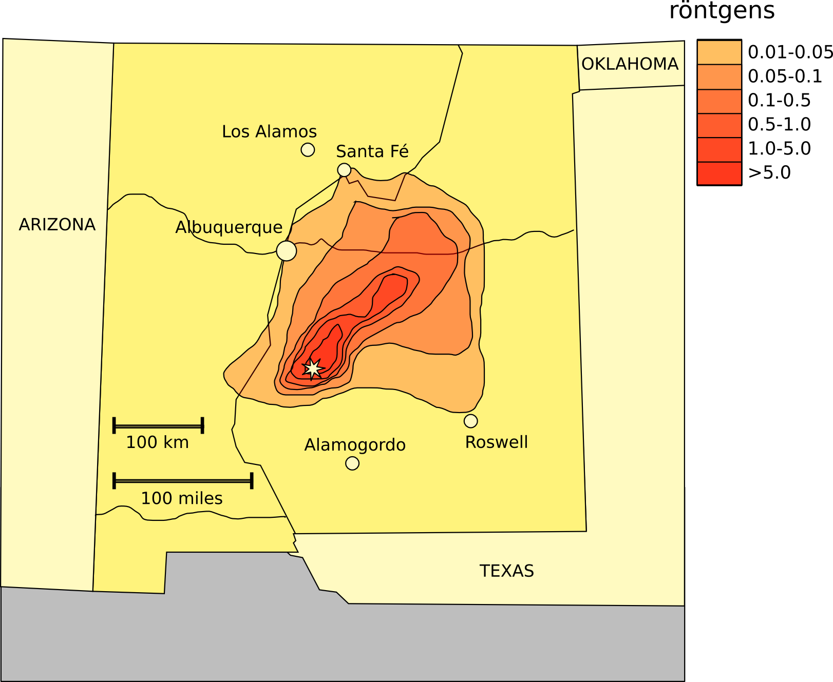 Trinity Fallout - Radiation Levels In New Mexico Map Clipart (1622x1329), Png Download
