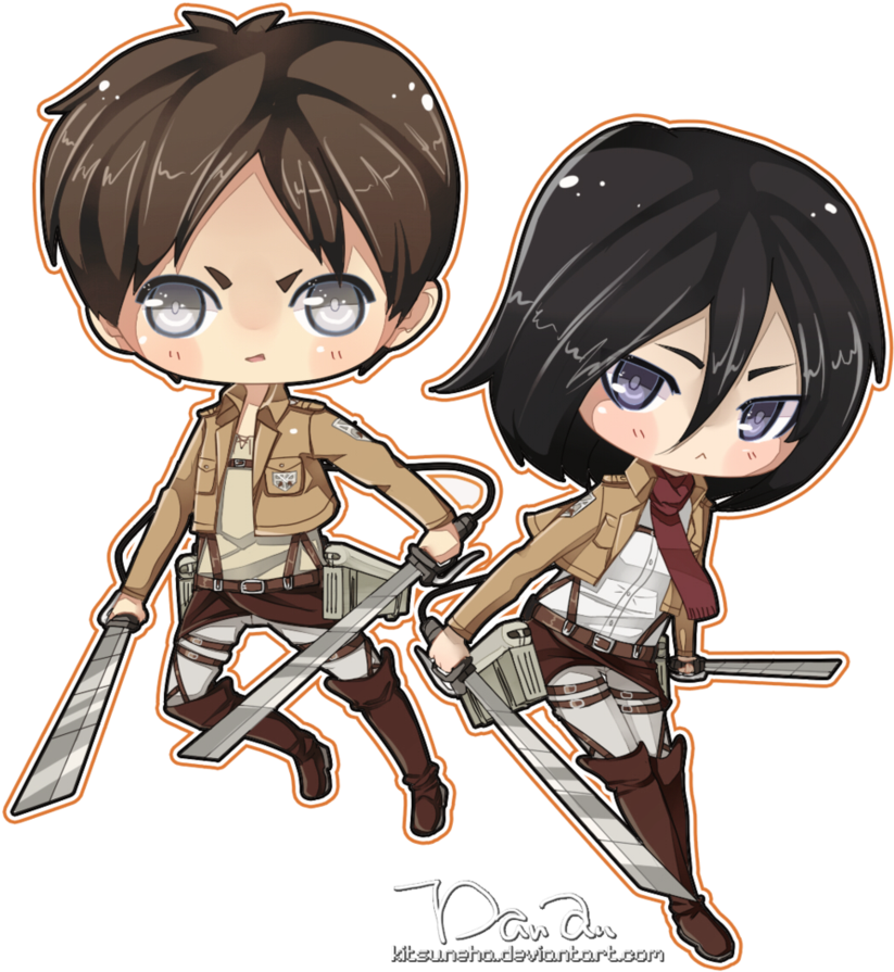 Attack On Titan Mikasa Y Eren Chibi Clipart (867x921), Png Download