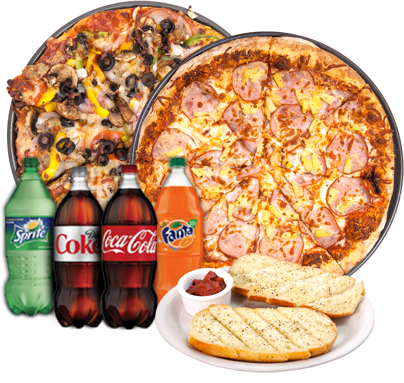 Two Pizza Soda Garlic Bread Deal - Coca Cola Clipart (1438x1410), Png Download
