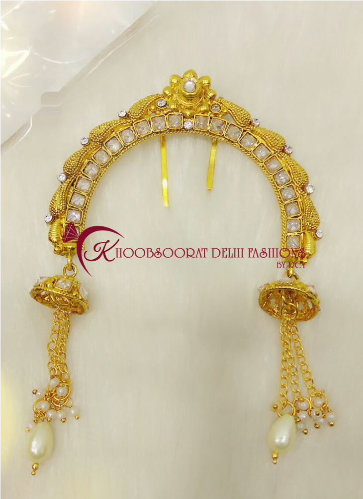 Kundan Stone Golden Hair Pin With Pearl Latkan - Chain Clipart (1000x1000), Png Download