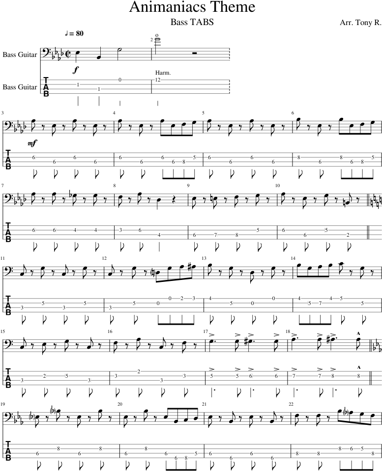 Animaniacs Theme - Bass Tabs - Sheet Music Clipart (850x1100), Png Download