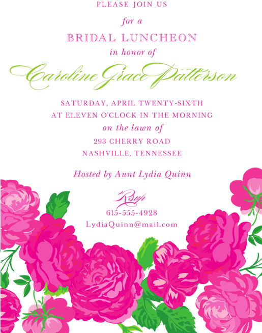 Pink Flowers Invitation Bridal Luncheon, Flower Invitation, - Garden Roses Clipart (514x720), Png Download