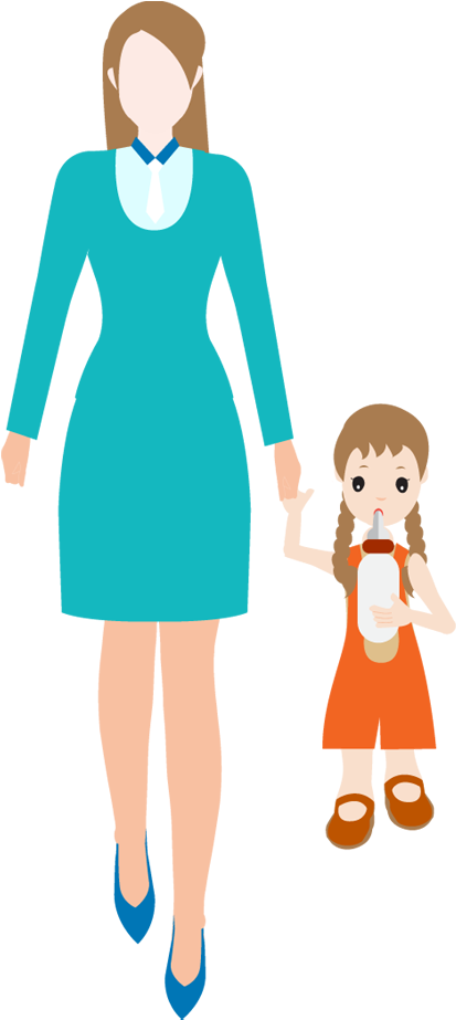 Cartoon Woman Holds The Hand Of A Small Child - Women With Children Cartoon Clipart (413x923), Png Download