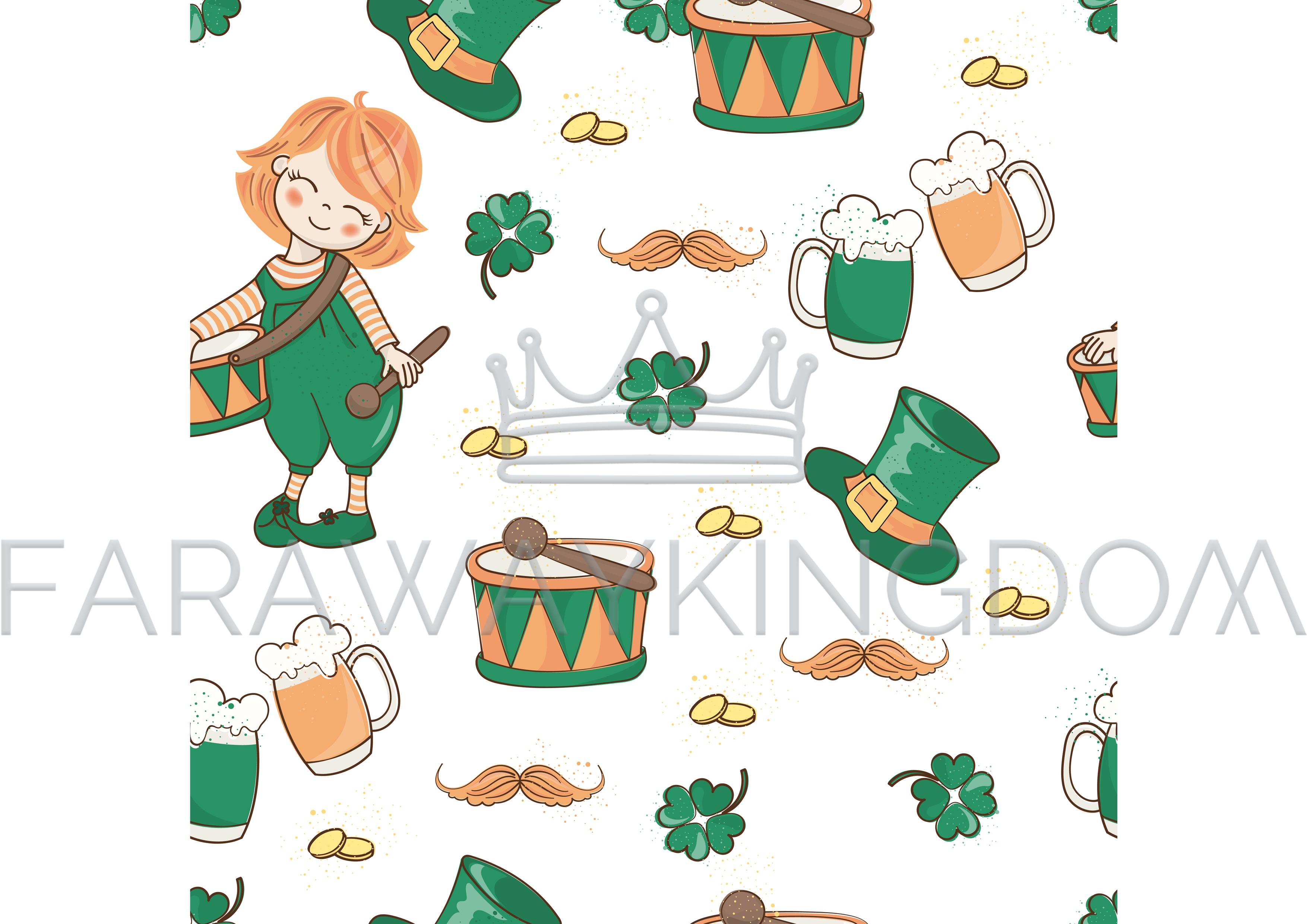Drum And Hat Patrick Day Seamless Pattern Vector Illustration - Illustration Clipart (3508x2480), Png Download