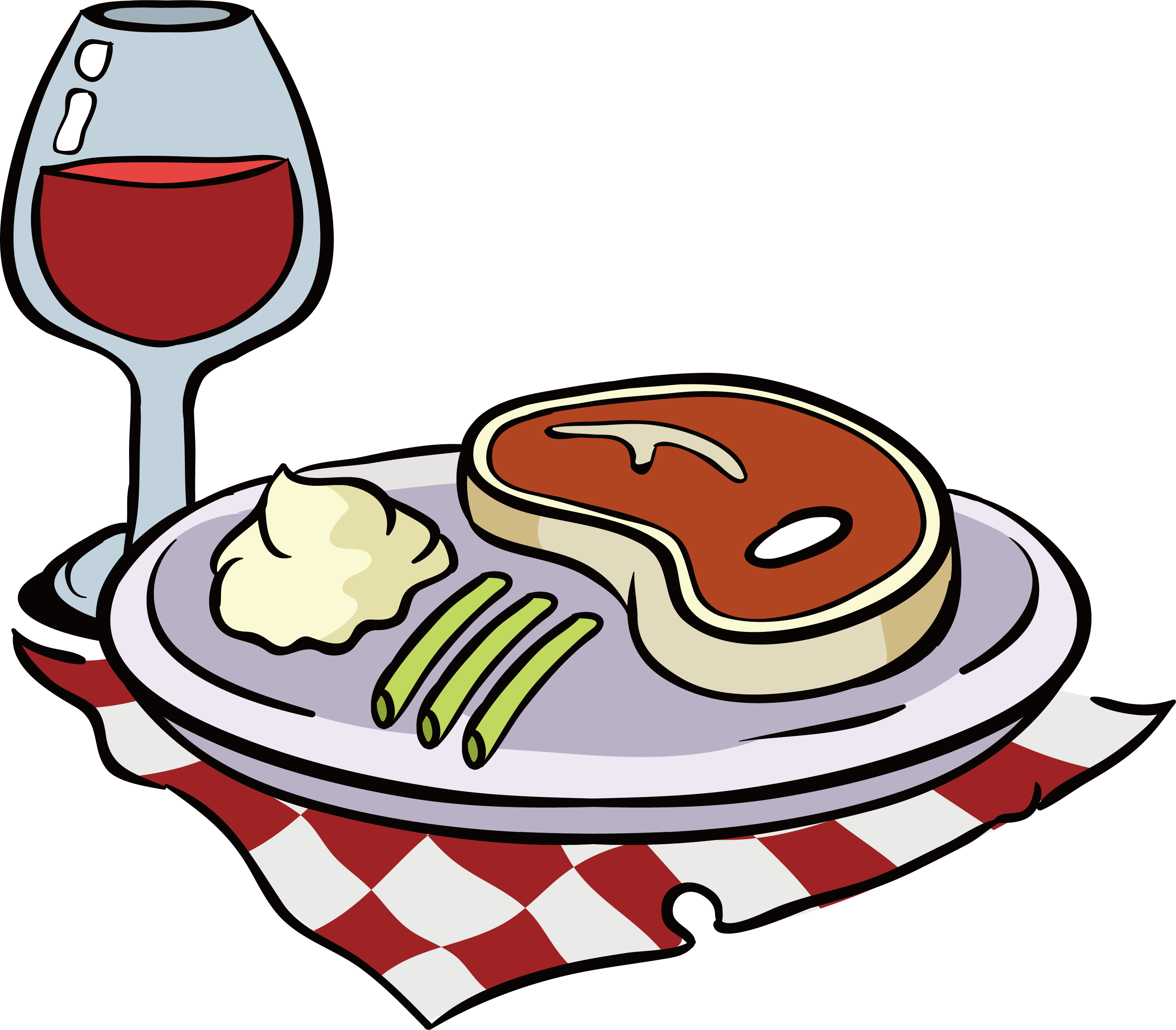 Png Download Red Wine Beefsteak Clip Art Plaid Tablecloth - Wine And Steak Illustration Transparent Png (3161x2771), Png Download