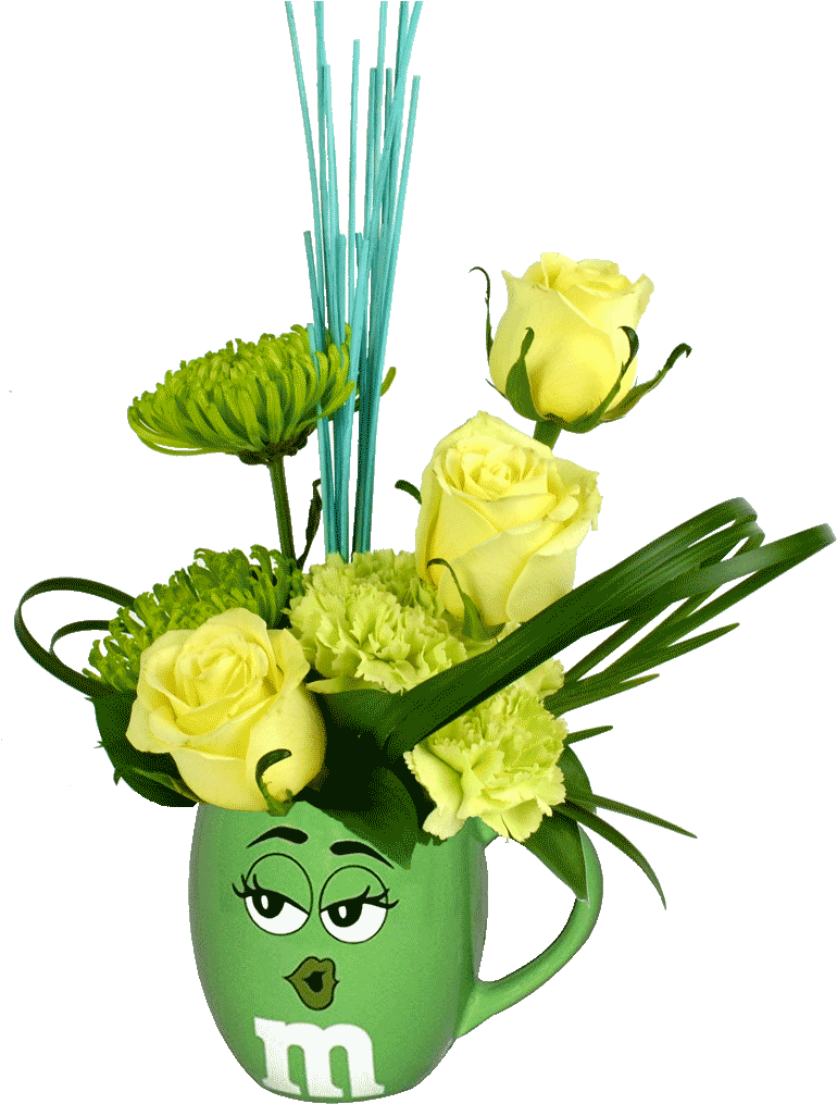 Green M&m Character Flower Mug Bouquet Clipart Large Size Png Image