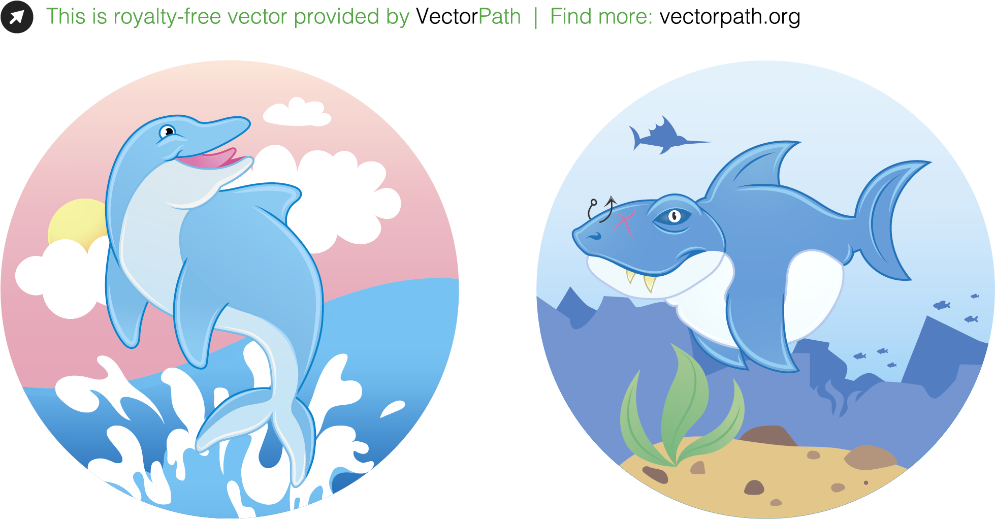 Funny Dolphin & Shark Illustrations - Cartoon Clipart (2083x1167), Png Download