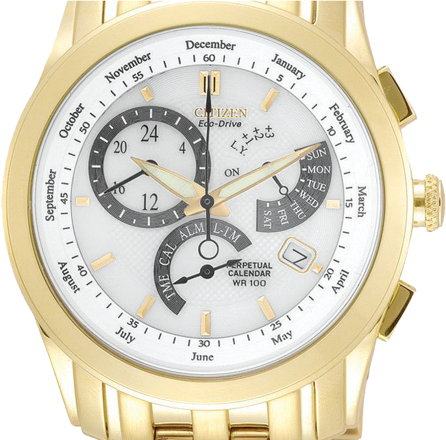 Mens Calibre 8700 Gold Tone Chronograph Citizen Watch - Citizen Eco Drive Perpetual Calendar Leather Clipart (752x640), Png Download