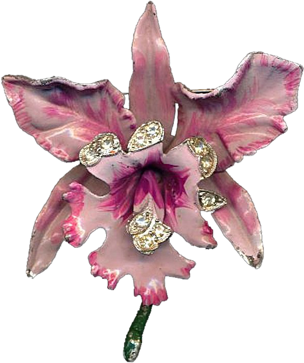 Vintage 1940s Pink Orchid Enamel Rhinestone Pin Brooch - Artificial Flower Clipart (710x710), Png Download