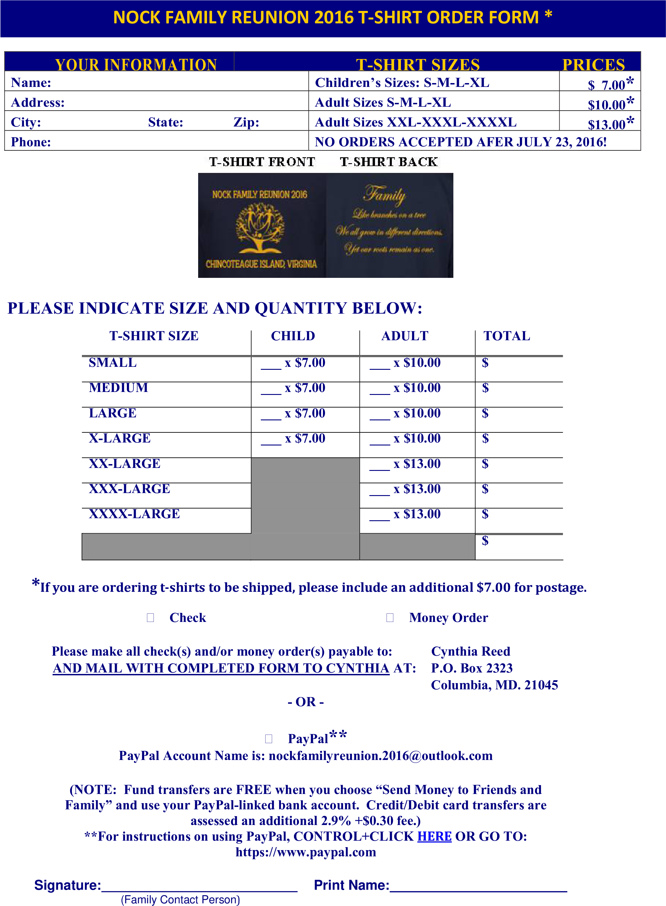 Family Reunion T Shirt Order Form Main Image Download - Family Reunion Tshirt Size Form Clipart (2550x3300), Png Download