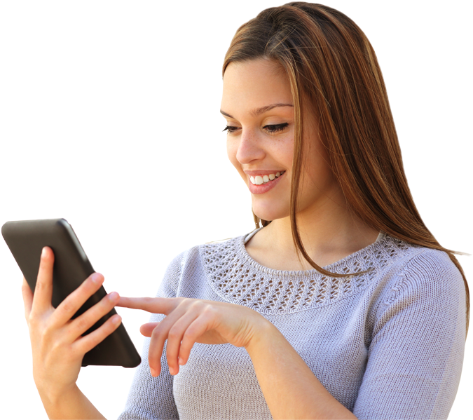 Mujer Tablet Contacto - Mujer Con Tablet Png Clipart (709x600), Png Download