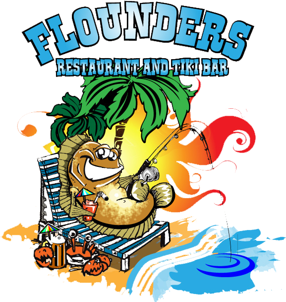Flounders Restaurant And Tiki Bar Logo - Cartoon Clipart (604x640), Png Download