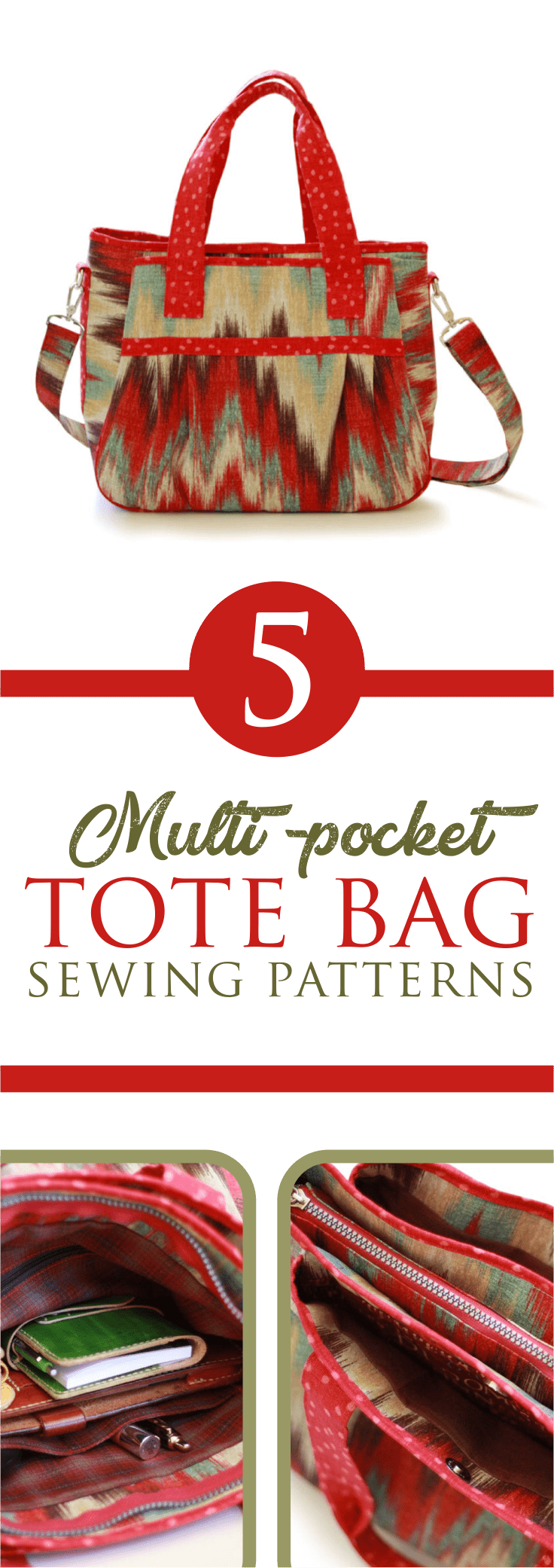 5 Multi Pocket Tote Bag Patterns - Bag Sewing Multi Pocket Clipart (736x2082), Png Download