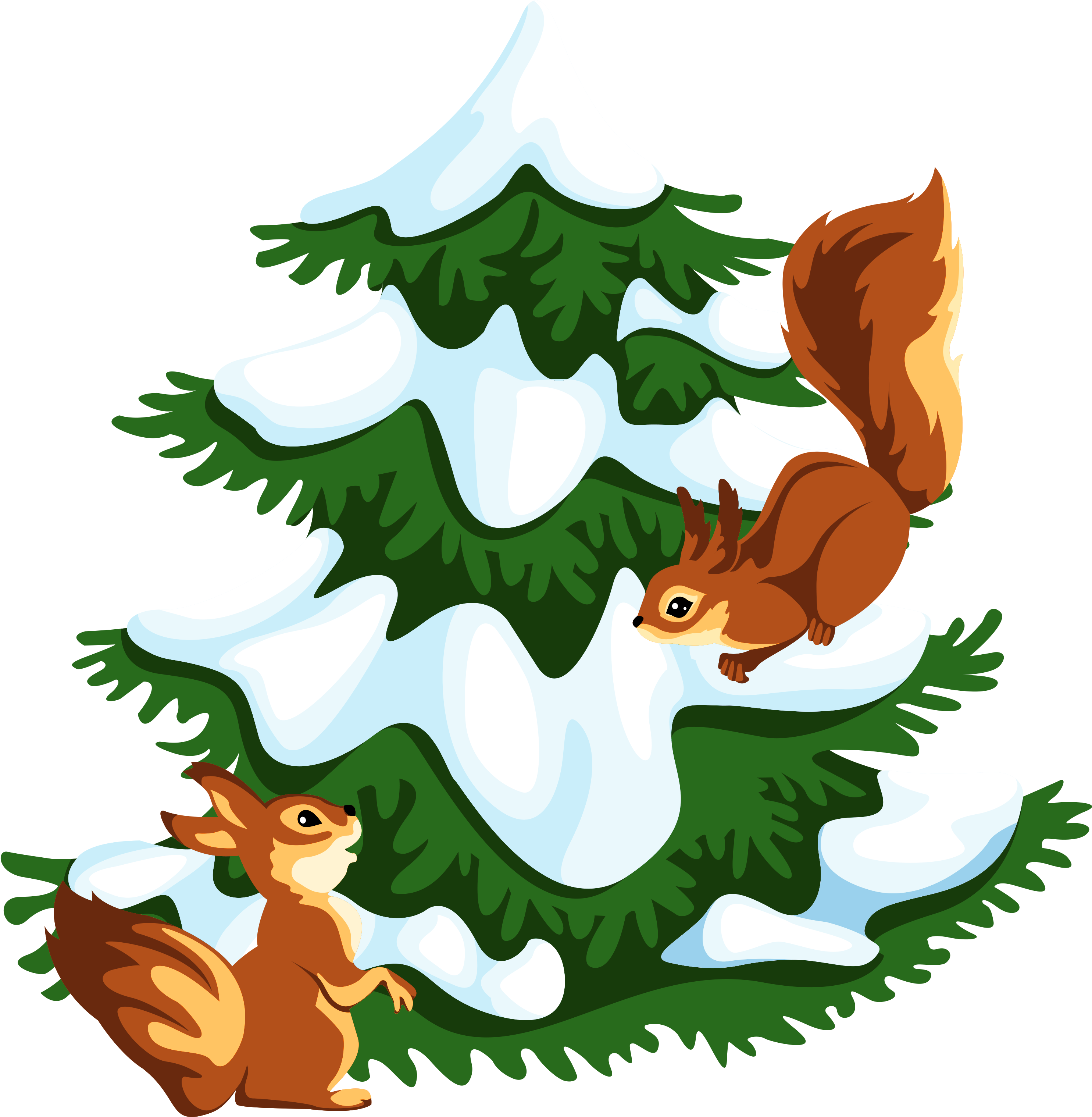 Transparent Snowy Tree With Squirrels Png Clipart - Cartoon Squirrel And Trees (3120x3129), Png Download