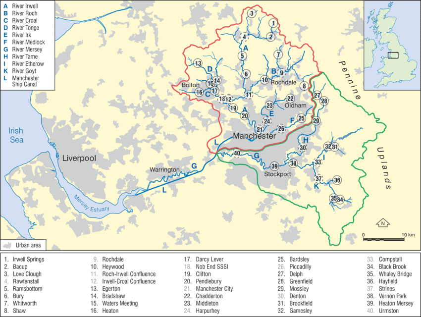 Map Of The Mersey And Irwell Catchments, Northwest - River Mersey Catchment Map Clipart (850x640), Png Download