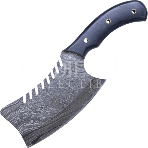 Serrated Damascus Steel Cleaver Knife - Serrated Cleaver Clipart (595x595), Png Download