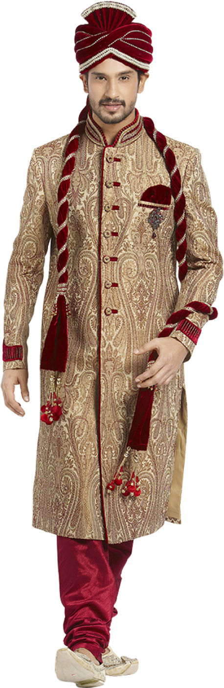 Manyavar Beige Silk Embroidered Jodhpuri Sherwani Sherwani - Wedding Dress For Men Png Clipart (960x1441), Png Download