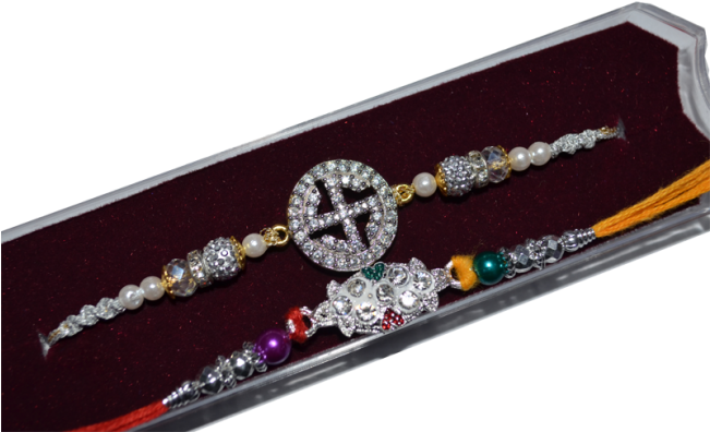 Fancy Siver Swastik Rakhi With Colorful Fitted Peaels - Diamond Clipart (650x489), Png Download