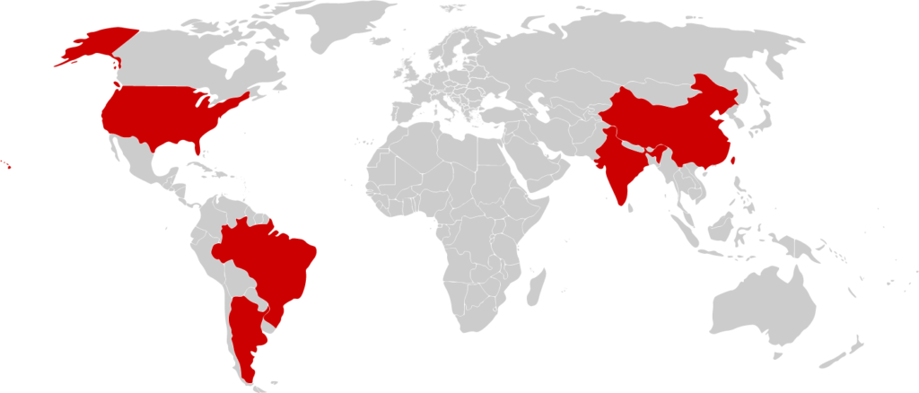 Argentina, Brazil, India, People's Republic Of China, - Grey Map Of The World Png Clipart (1024x438), Png Download