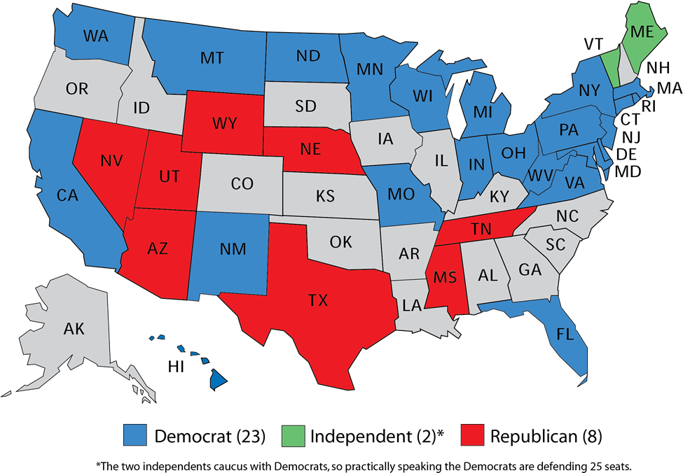 Senate Seats Up In 2018 Midterm Election - Romney Obama State Map Clipart (1000x675), Png Download