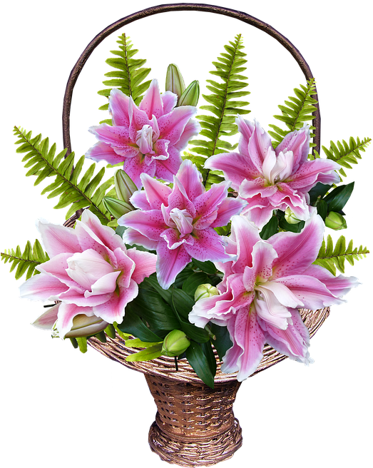 Basket Lily Flowers Arrangement - Flowers Arrangement Clipart (529x720), Png Download