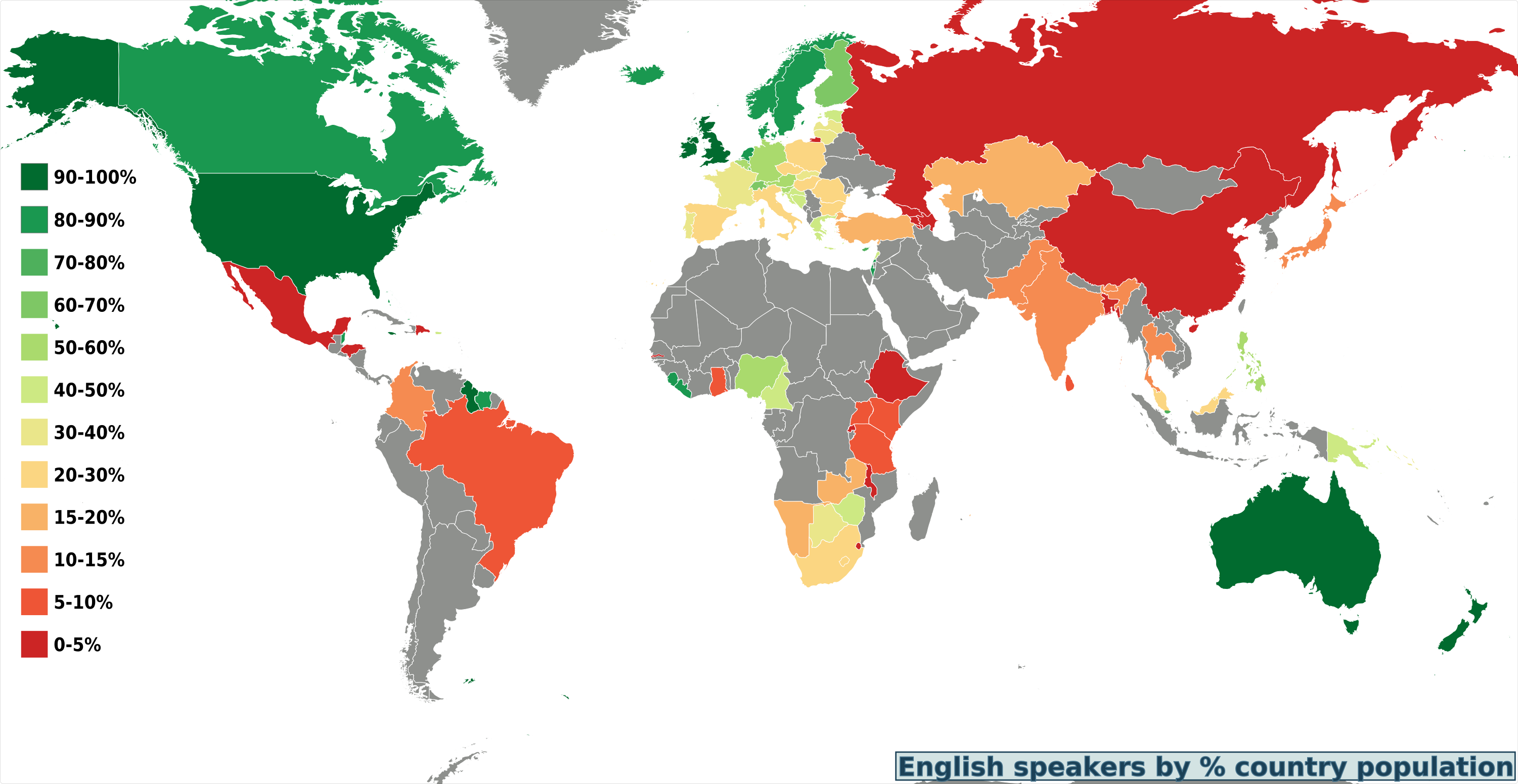 World Map Percentage English Speakers By Country - Many People In The World Speak English Clipart (3002x1551), Png Download