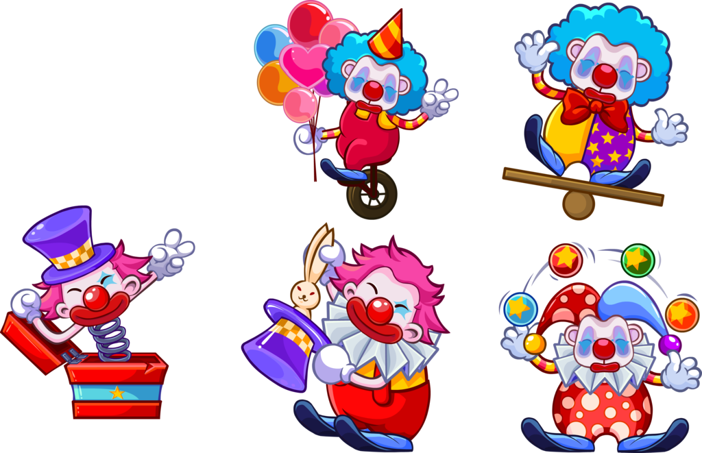 Different Illustration Joker Postures Five Clown Cartoon - Tipos De Palhaço Clipart (1024x661), Png Download