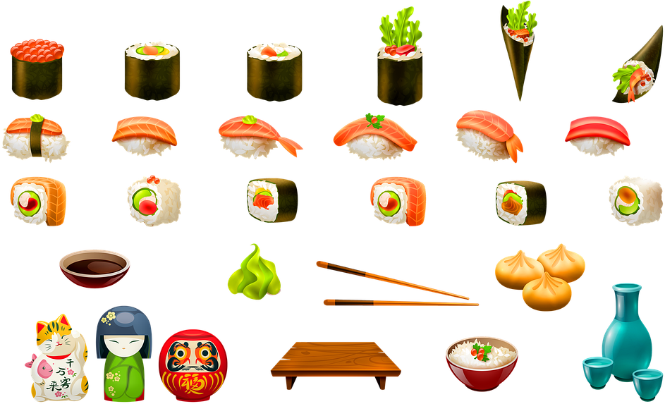 Sushi Japanese Food Kokeshi Doll Maneki Neko Food Clipart (960x576), Png Download