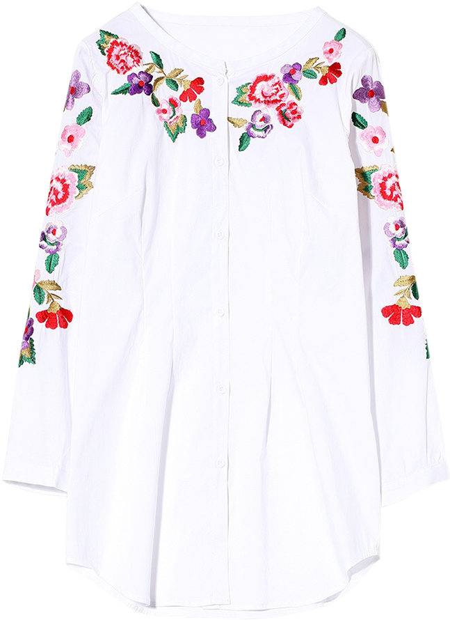 Bordado Floral De Manga Larga Camiseta - A-line Clipart (700x931), Png Download