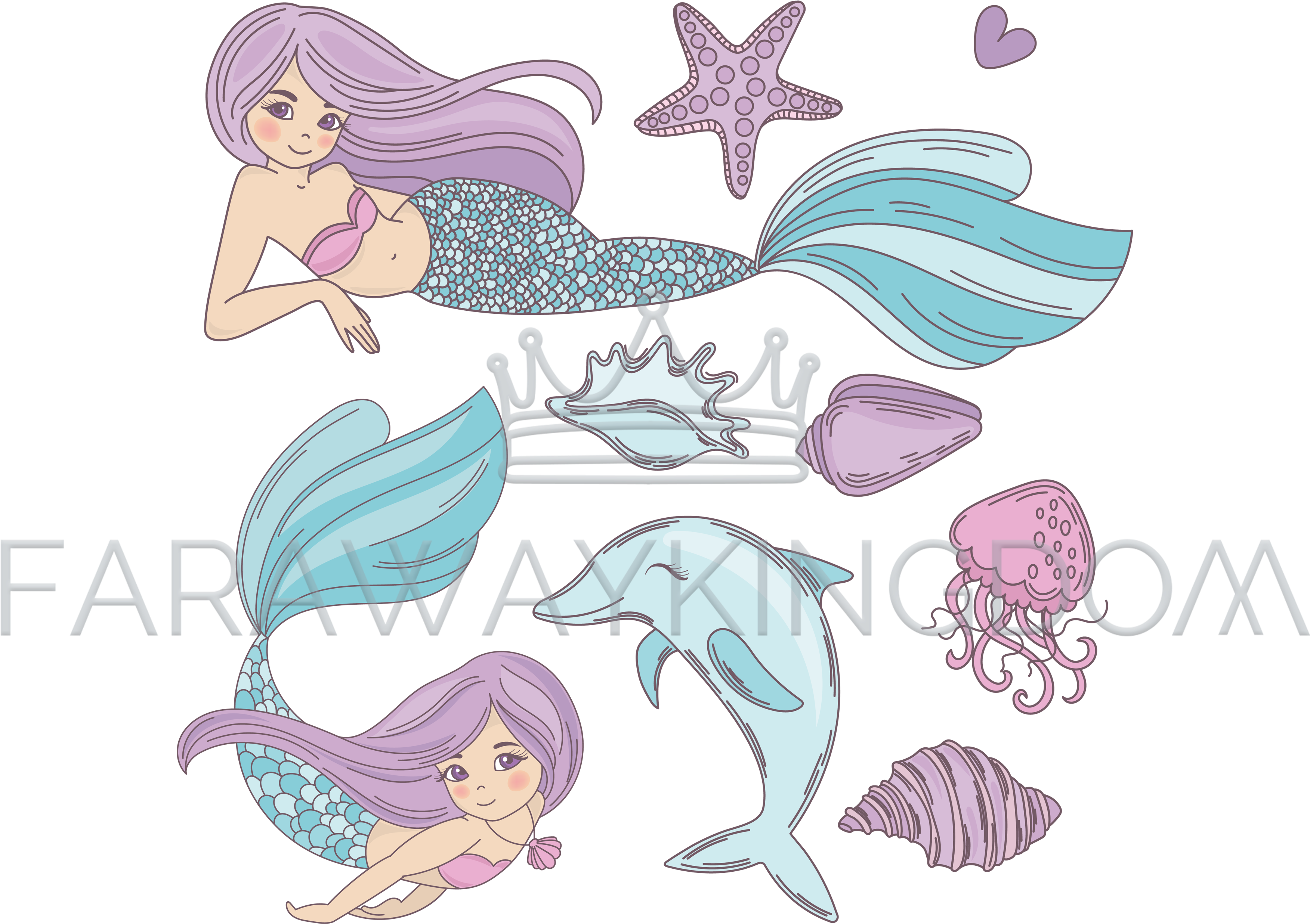 Mermaid Ocean Cartoon Travel Tropical Vector Illustration - Mermaid Cartoon Clipart (3508x2480), Png Download
