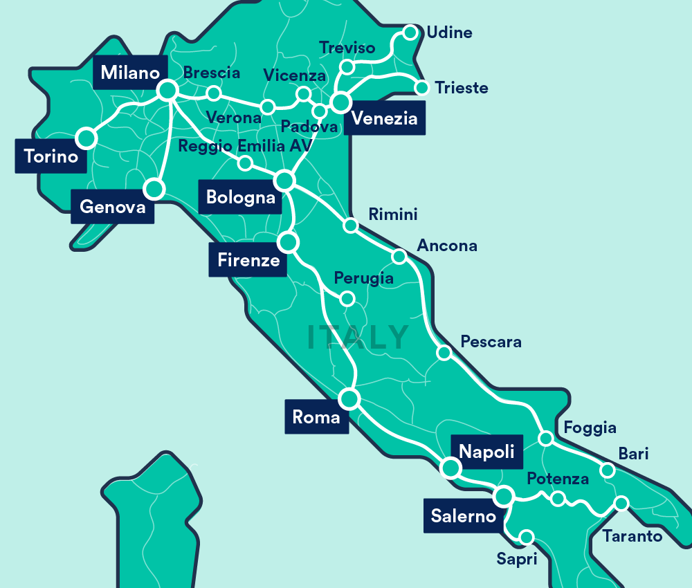 Frecciarossa Trenitalia Tickets Info - Map Of Frecciarossa Stops Clipart (1000x850), Png Download