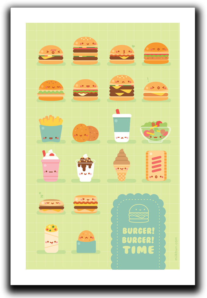 Kawaii Burgers Menu Art Print - Graphic Design Clipart (1000x1000), Png Download