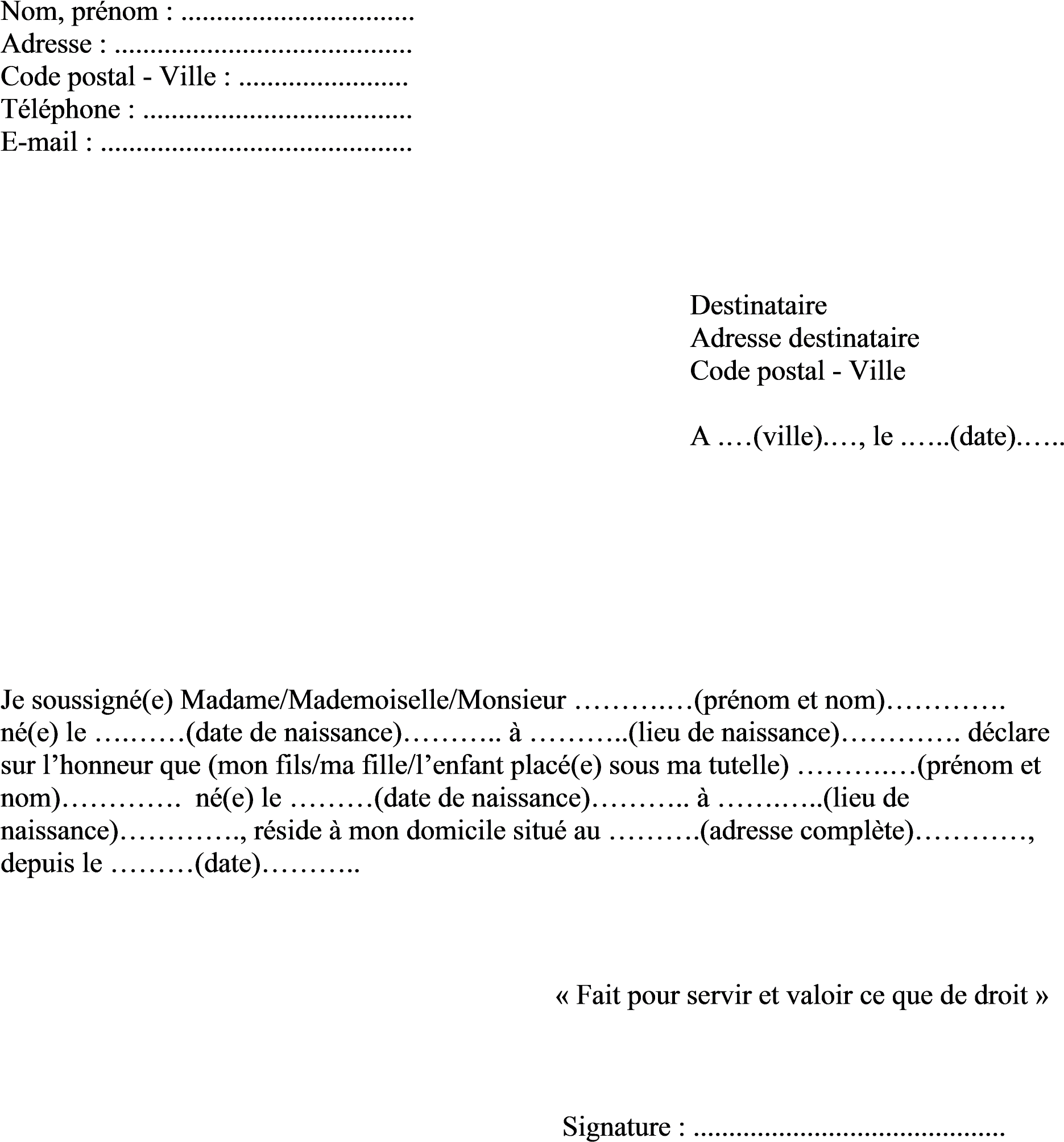 Attestation Sur L Honneur De Domicile Clipart (1883x2184), Png Download