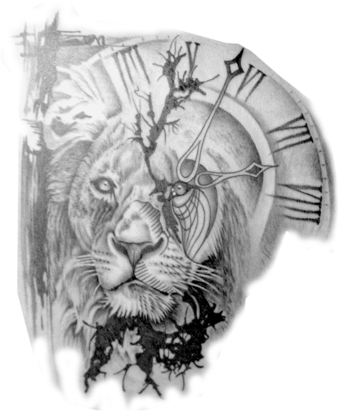 Tattoos Png - Lion And Clock Tattoo Design Clipart (500x667), Png Download