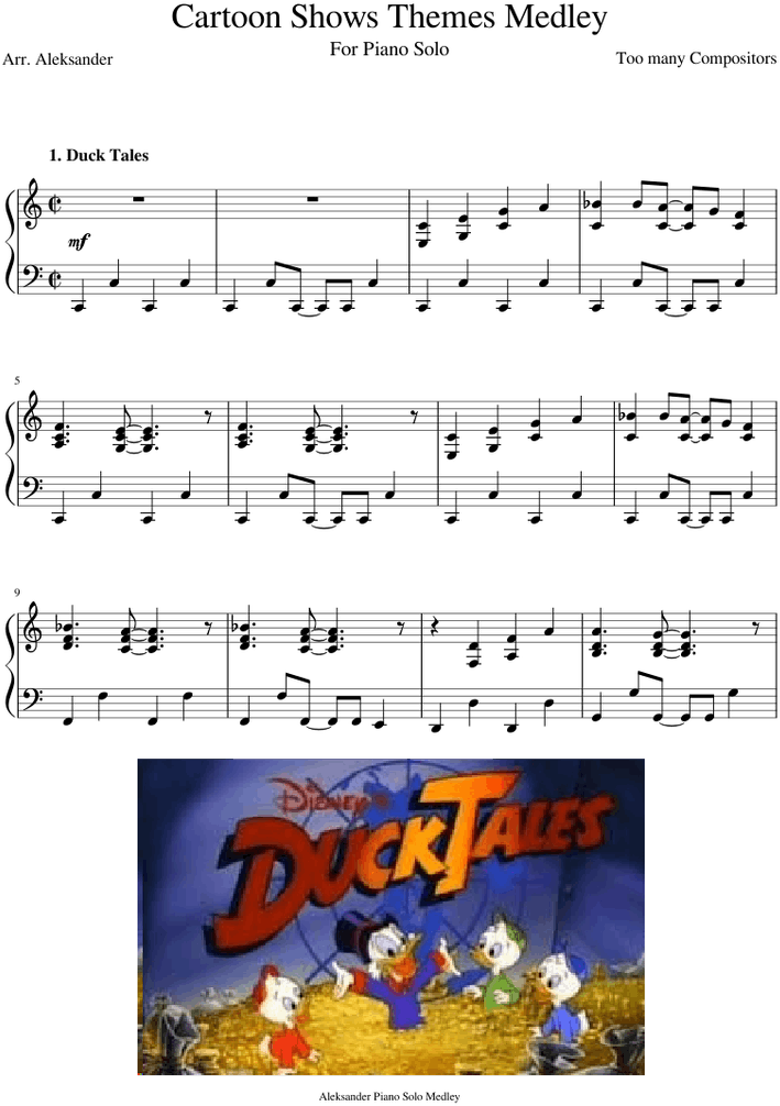 Cartoon Shows Themes Medley Sheet Music For Piano Download - Serotonin Childhood Meme Clipart (850x1100), Png Download