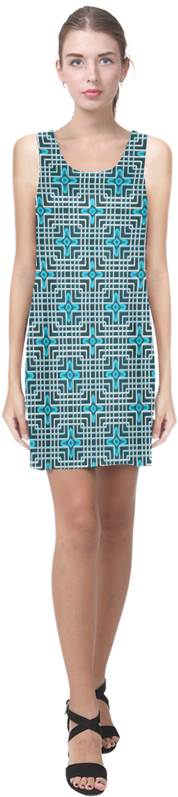 Neon Blue Flowers And White Grid Unique Geometric Pattern - Dress Clipart (1200x1200), Png Download