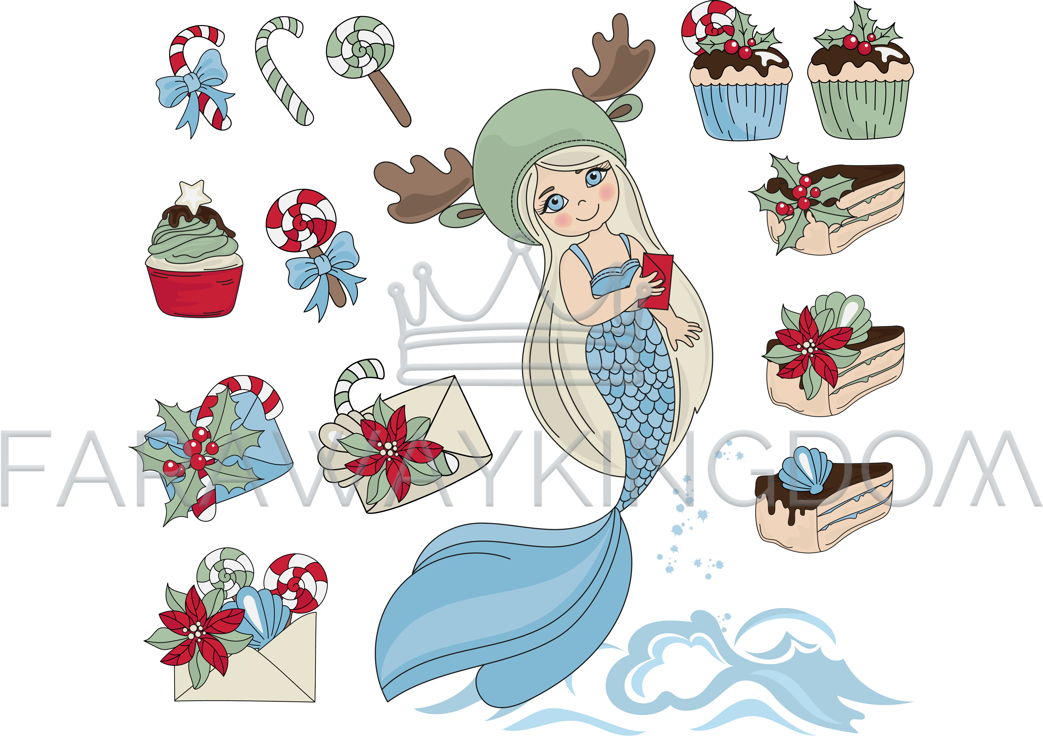Mermaid Sweet Set Merry Christmas Vector Illustration - Cartoon Clipart (3508x2480), Png Download