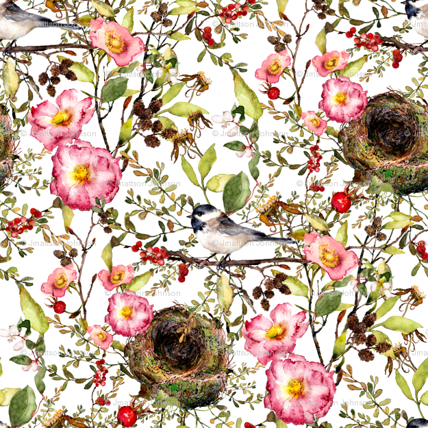 Chickadee With Nest Watercolor On White Fabric - Rose Clipart (625x625), Png Download