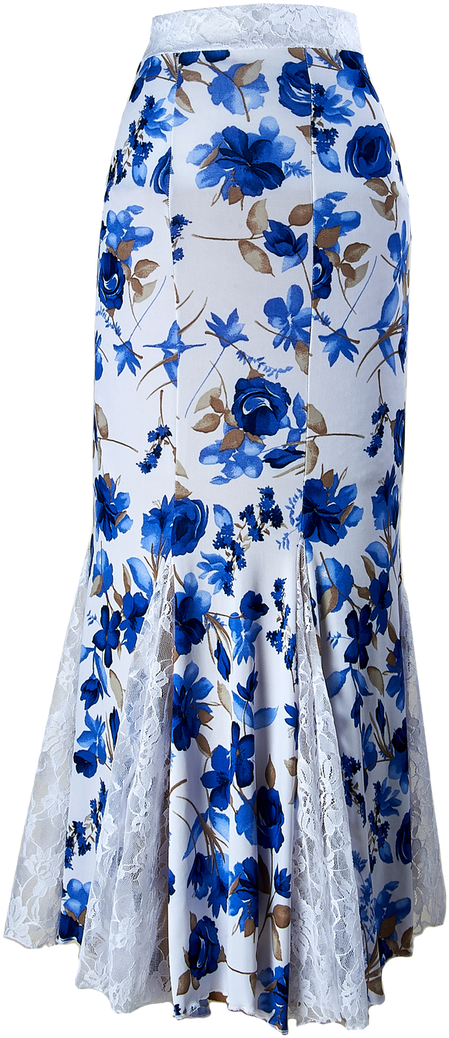 Falda Blanca Flores Azules 6 Gajos Con Encaje - A-line Clipart (497x1102), Png Download